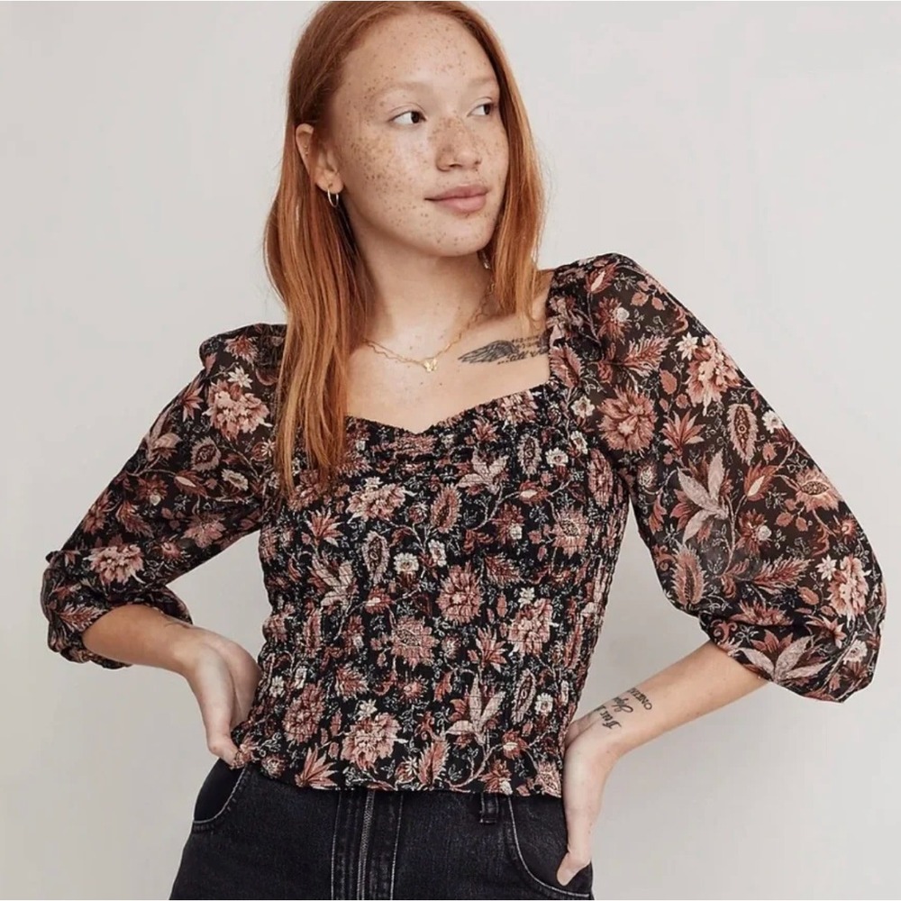 Madewell Lucie Smocked Top Sheer Black Floral Women's XL Sweetheart EUC